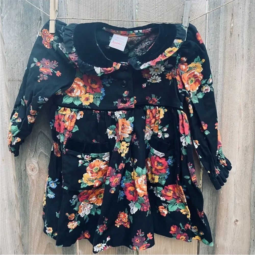 Vintage Hanna Andersson Floral Black Kids Dress 80cm size 2